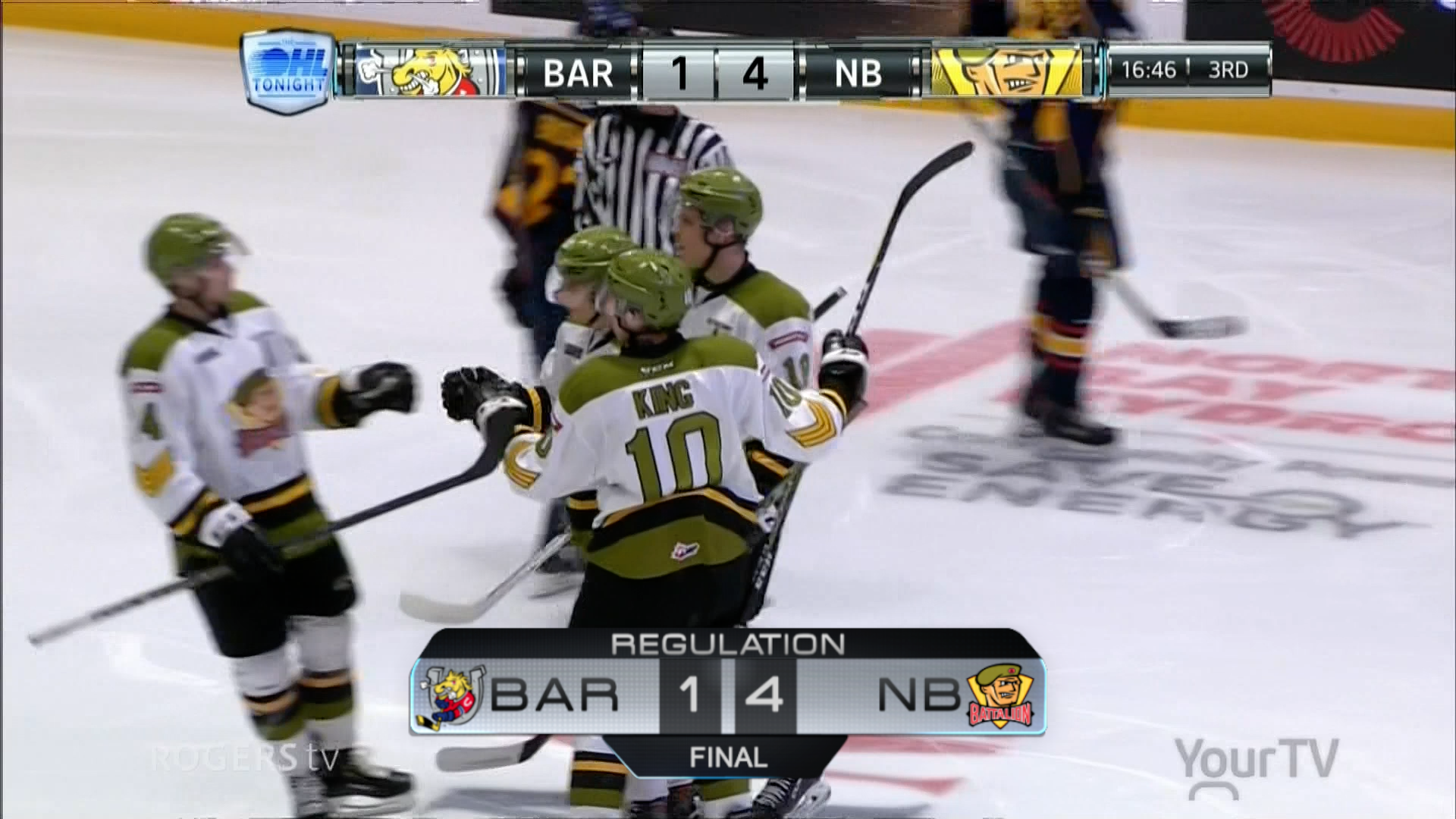 North bay battalion players celebrating 4-1 victory