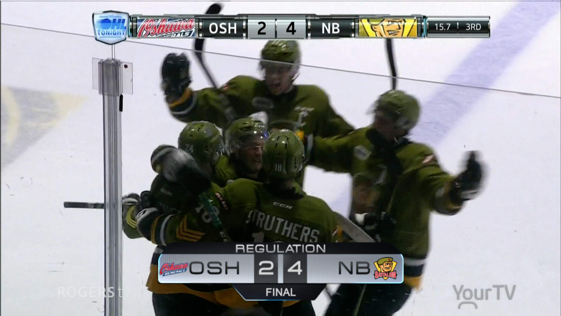 North Bay Battalion celebrating goal against Oshawa