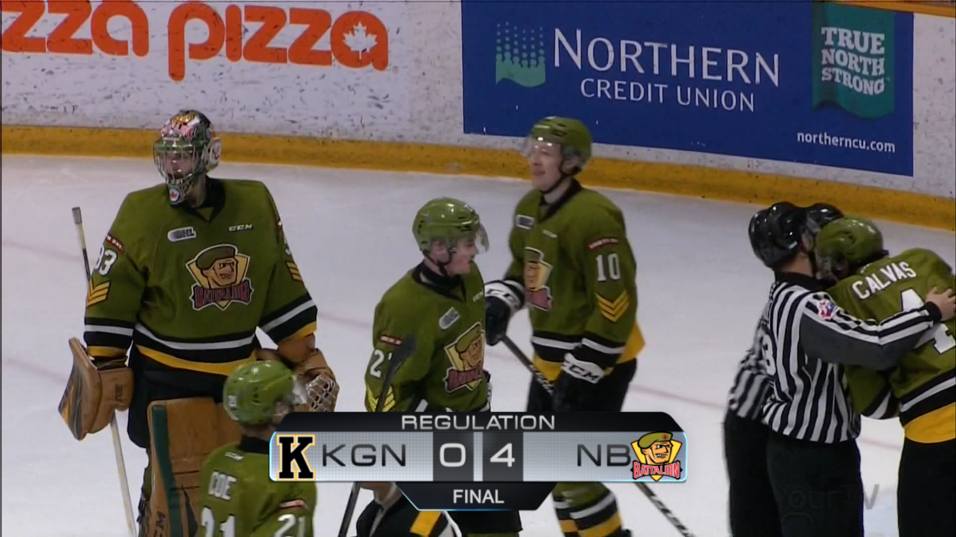 North Bay Battalion celebrating 4-0 victory over Kingston Frontenacs