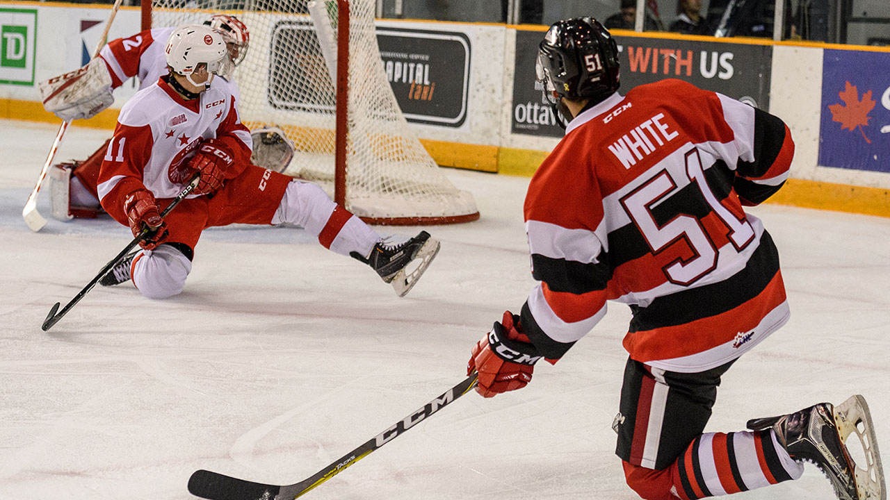 Patrick White fires the puck at the net