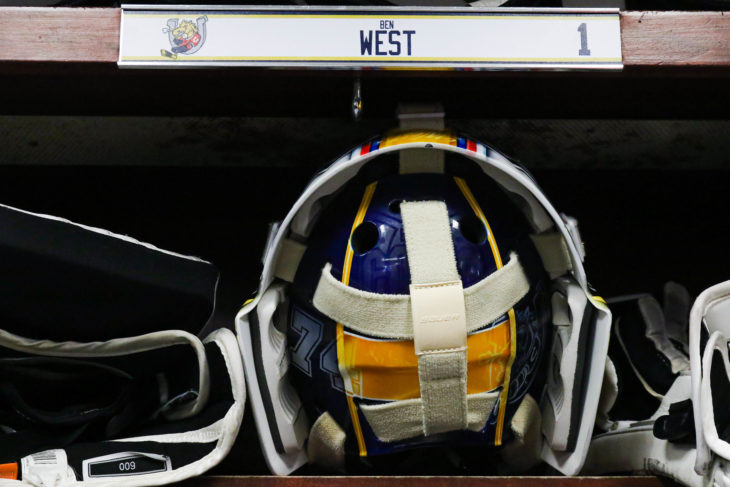 Ben West’s mask, featuring the prominent “74”. (Photo: Josh Kim) 