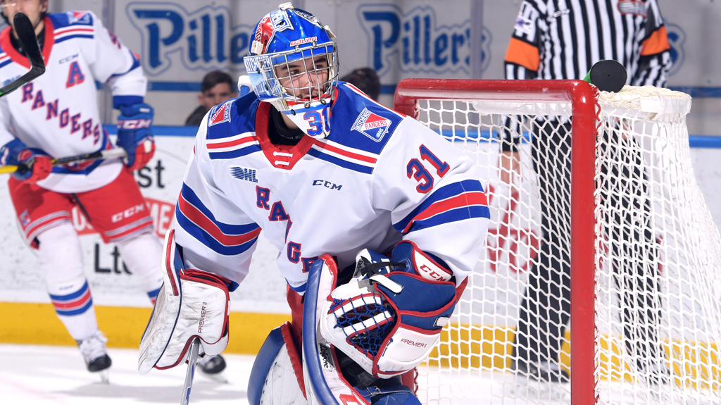 Lucas Pfeil during his first career shutout for the Kitchener Rangers