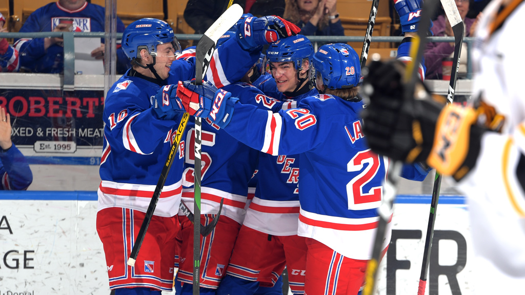 The Kitchener Rangers celebrating a goal versus the Sarnia Sting