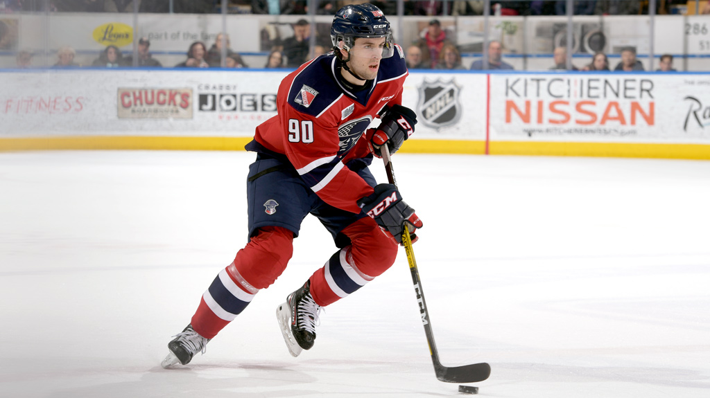 Liam Hawel playing for the Kitchener Rangers