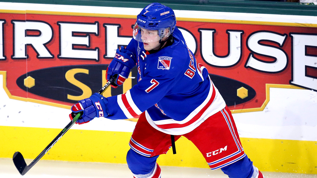 Axel Bergkvist passing the puck for the Kitchener Rangers