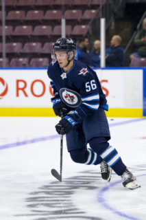 PENTICTON, BC - SEPTEMBER 16: Danny Zhilkin #56 of Winnipeg Jets warms up against the Edmonton Oilers at the South Okanagan Event Centre during the 2022 Young Stars Tournament on September 16, 2022 in Penticton, Canada. (Photo by Marissa Baecker / Getty Images)