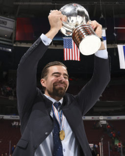 VANCOUVER, BC - JANUARY 5: Finland head coach Jussi Ahokas celebrates with the championship trophy after a 3-2 gold medal game win against USA at the 2019 IIHF World Junior Championship at Rogers Arena on January 5, 2019 in Vancouver, BC Canada. (Photo by Matt Zambonin/HHOF-IIHF Images)