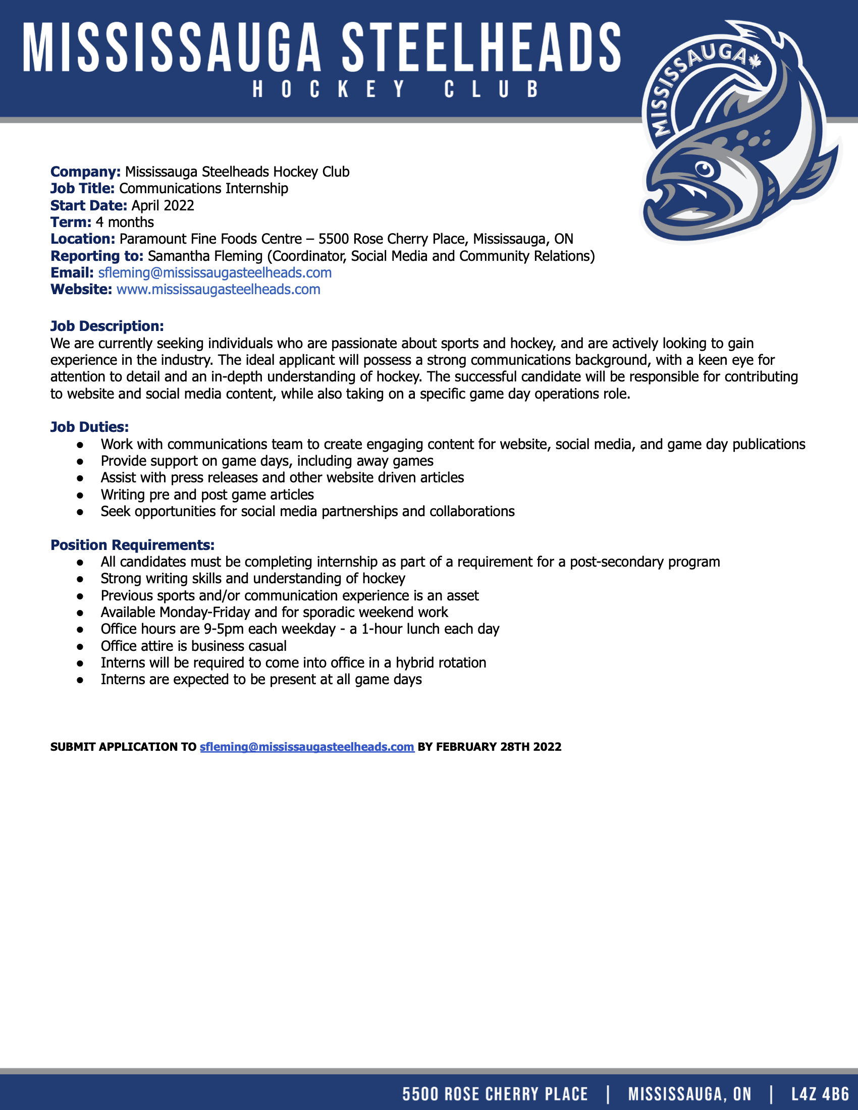 We're Hiring! Spring 2022 Internships – Mississauga Steelheads