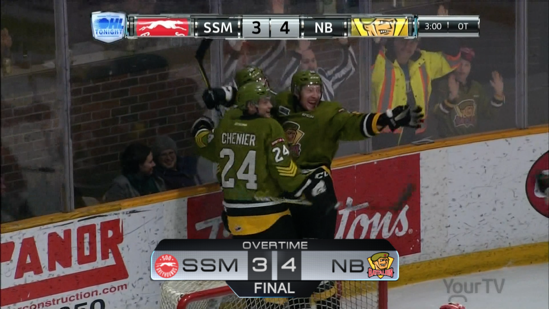 North Bay Battalion celebrating victory over Sault Ste. Marie Greyhounds