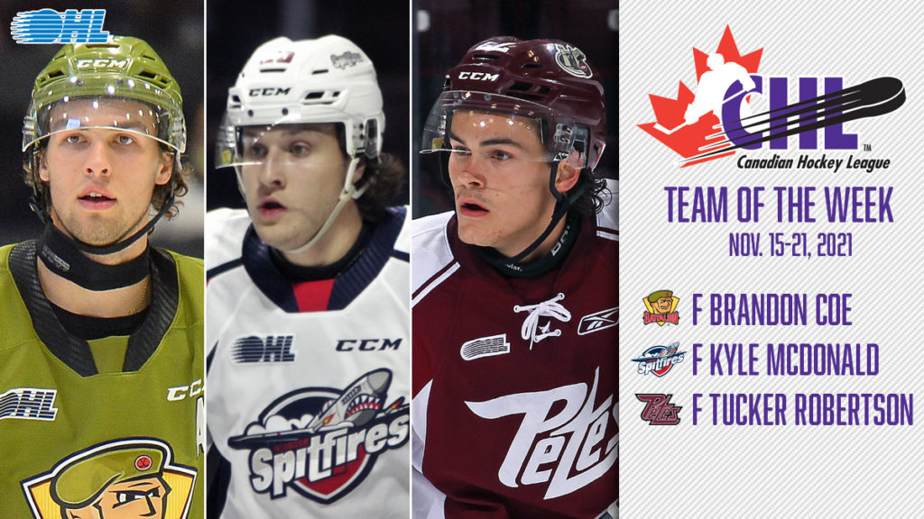 Coe Mcdonald And Robertson Named To Chl Team Of The Week For Nov 15 21 Ontario Hockey League Ontario Hockey League, Canada Whl Ice Hockey League Table 2021