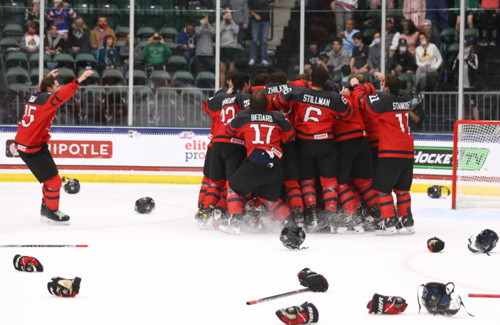 FRISCO, TX USA - MAY 6: Canadian players celebrate after a 5-3 gold medal game win against Russia at the 2021 IIHF Ice Hockey U18 World Championship at Comerica Center on May 6, 2021 in Frisco, TX USA. (Photo by Chris Tanouye/HHOF-IIHF Images)