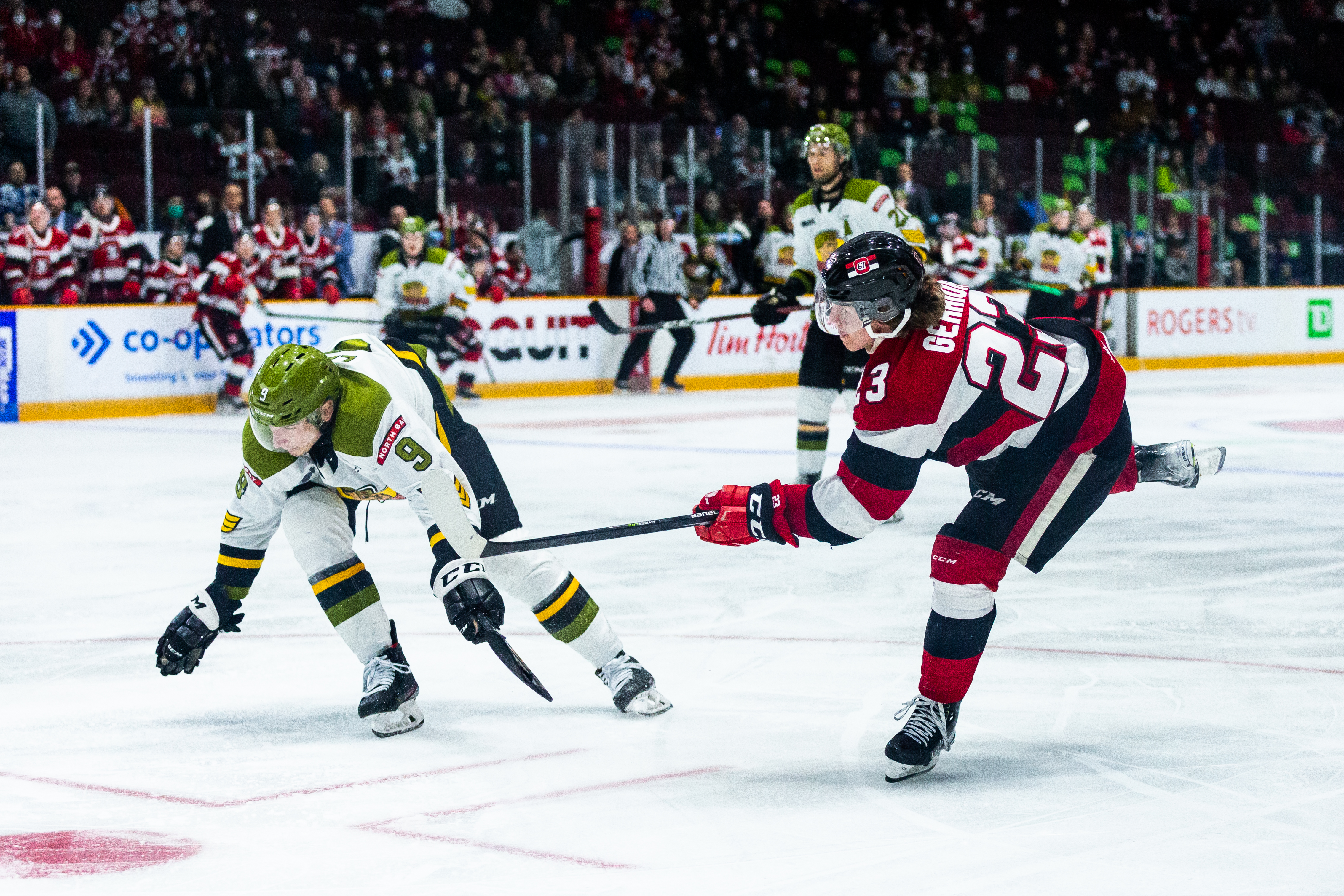 OTTAWA, ONTARIO, CANADA - April 25: Ontario Hockey League (OHL) playoff action between the North Bay Battalion and Ottawa 67's on April 25, 2022 at The Arena at TD Place in Ottawa, Ontario. (Photo by Jon Halpenny / Ottawa 67's)