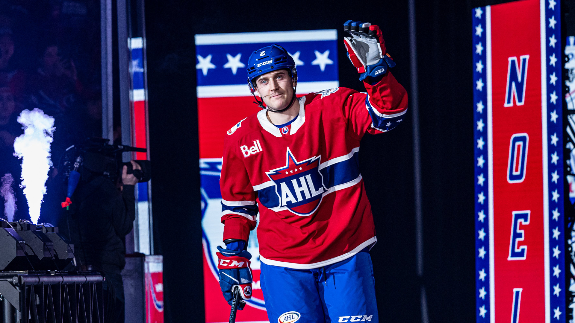67's alumni Noel Hoefenmayer skates onto the ice at the AHL All-Star Game