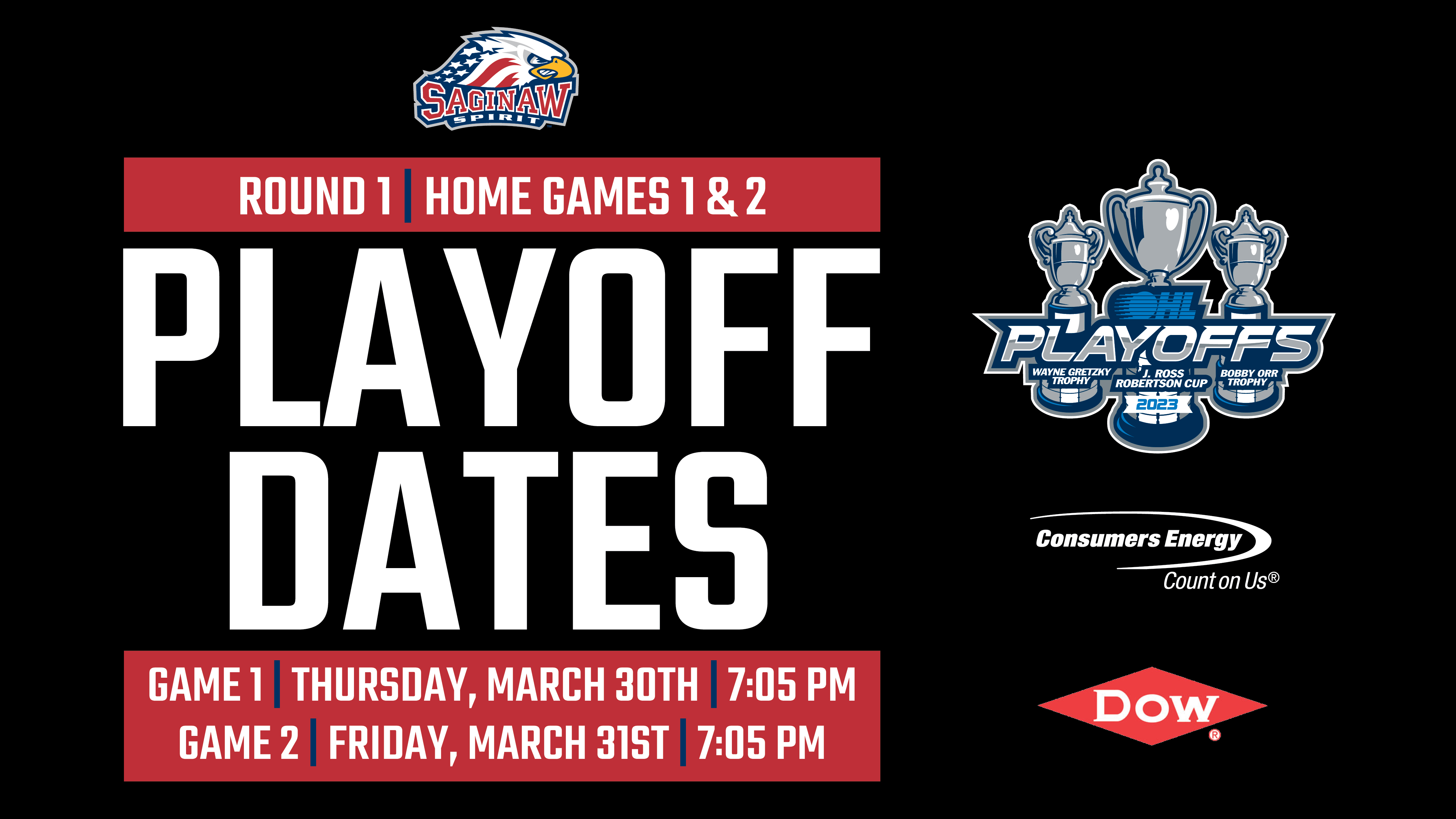 Dates and times announced for Playoff Games 1 & 2 Saginaw Spirit