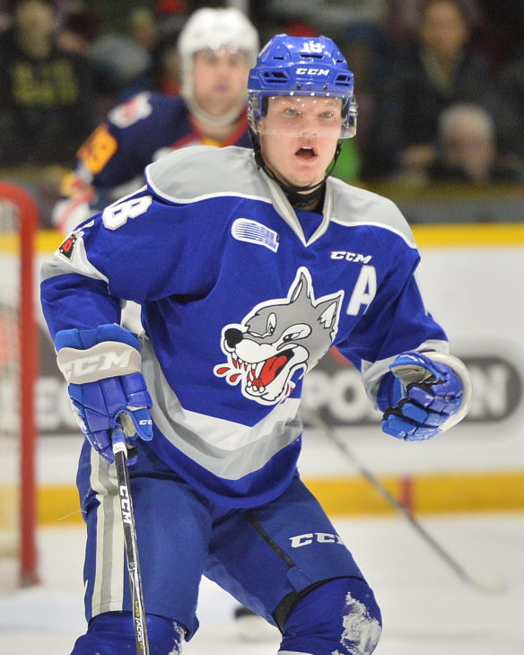 Macauley Carson of the Sudbury Wolves. Photo by Terry Wilson / OHL Images.